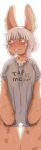 absurd_res amber_eyes ambiguous_gender anthro blush blush_lines clothed clothing clothing_pull desttar ear_tuft embarrassed hair hi_res looking_away made_in_abyss nanachi narehate shirt solo standing t-shirt text text_on_clothing topwear tuft whiskers white_hair