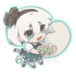  1girl :d black_hairband black_ribbon black_shoes chibi collared_shirt commentary_request dango food frilled_skirt frills full_body green_eyes green_skirt green_vest grey_hair hair_between_eyes hairband highres holding holding_tray katana konpaku_youmu konpaku_youmu_(ghost) looking_at_viewer mukong233028 neck_ribbon open_mouth ribbon shirt shoes short_hair short_sleeves simple_background skirt skirt_set smile socks solo sword touhou tray vest wagashi watermark weapon white_background white_shirt white_socks 