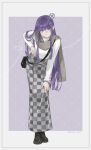  1girl :/ absurdres alternate_costume anger_vein artist_name bag bent_over black_shoes border butterfly_hair_ornament checkered_clothes checkered_skirt closed_mouth commentary contemporary english_commentary fern_(sousou_no_frieren) grey_scarf hair_ornament hand_on_own_hip hand_on_own_knee handbag highres long_hair long_skirt long_sleeves looking_at_viewer multicolored_skirt outside_border purple_background purple_eyes purple_hair ribbed_sweater scarf shoes skirt soar_wle solo sousou_no_frieren standing straight_hair sweater very_long_hair white_border white_sweater wispy_bangs 