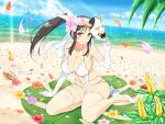  1girl arm_support beach belly_chain blue_flower blue_petals blue_sky blush body_blush bow breasts bridal_lingerie bridal_veil bride brown_hair cleavage cloud cloudy_sky collarbone conch day elbow_gloves falling_petals flower giant_leaf gloves green_eyes hair_bow hair_ribbon hannya heart heart_pendant heavy_lens_flare hibiscus high_heels holding holding_mask horizon jewelry large_breasts leaf lens_flare light_particles lingerie long_hair looking_at_viewer mask murakumo_(senran_kagura) navel necklace noh_mask non-web_source ocean official_alternate_costume official_art oni_mask orange_flower orange_petals orange_rose parted_lips pearl_necklace petals pink_flower purple_flower purple_petals purple_rose red_flower red_petals red_rose revealing_clothes ribbon rose see-through_clothes see-through_thighhighs senran_kagura senran_kagura_new_link shiny_skin shoes side_ponytail sitting skindentation sky slingshot_swimsuit solo sparkle swimsuit thighhighs underwear unworn_mask veil water waves white_bow white_ribbon white_shoes white_slingshot_swimsuit yellow_flower yokozuwari 