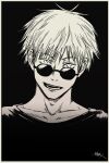  1boy black_background border collarbone commentary_request glasses gojou_satoru greyscale highres jujutsu_kaisen looking_at_viewer looking_over_eyewear male_focus monochrome nenashibito open_mouth portrait round_eyewear shirt short_hair signature simple_background solo teeth white_border 
