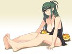  barefoot black-framed_eyewear breasts chemise cleavage feet full_body glasses green_eyes green_hair highres ino jack-o'-lantern kisaragi_rei large_breasts long_hair looking_at_viewer otome_function simple_background sitting smile soles solo 