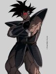  1boy black_hair commentary_request crossed_arms domo_(domo_kizusuki) dragon_ball grey_background highres male_focus muscular muscular_arms muscular_male red-framed_eyewear saiyan_armor scouter simple_background smirk spiked_hair thick_thighs thighs tullece 