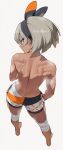  1girl absurdres ai-generated back barefoot bea_(pokemon) black_hairband bow_hairband commentary_request dark-skinned_female dark_skin from_behind gloves grey_eyes grey_hair hairband highres knee_pads looking_back median_furrow pokemon pokemon_swsh print_shorts short_hair shorts shoulder_blades side_slit side_slit_shorts simple_background solo steaming_body sweat toned toned_female topless_female ueponzu 