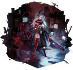  1girl animal_ears anklet artist_request asymmetrical_legwear black_cat black_gloves boots breasts cat chainsaw cleavage cleavage_cutout cleaver clothing_cutout denim fake_animal_ears gloves green_eyes green_hair holding holding_chainsaw holding_stuffed_toy jewelry knife mask official_alternate_costume official_art path_to_nowhere rabbit_ears rain refrigerator shorts single_thigh_boot spiked_anklet spikes static stuffed_animal stuffed_rabbit stuffed_toy television thigh_boots twintails wendy_(path_to_nowhere) white_mask 
