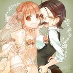  1girl amattle black_hair bridal_veil bride brown_eyes couple crossdressing dress earrings fake_facial_hair fake_mustache glasses grin hair_ornament hetero hug jewelry kaguyama_murasakiko long_hair one_eye_closed orange_eyes orange_hair otoko_no_ko short_hair smile takanashi_nerina v_series veil wedding_dress 