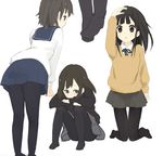  :o ass black_hair blush brown_hair child face feet kneeling long_hair multiple_girls nasuna original pantyhose school_uniform skirt sulking sweater 