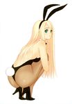  absurdres animal_ears ass back backless_outfit bare_back bare_shoulders blonde_hair bunny_ears bunny_girl bunny_tail bunnysuit green_eyes high_heels highres long_hair looking_back original panties pantyhose shoes solo squatting tail tanaka_takayuki thong underwear 