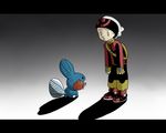  bag creature full_body gen_3_pokemon grey_background handbag hat headband long_sleeves mudkip pants pokemon pokemon_(creature) pokemon_special ruby_(pokemon) shoes simple_background sneakers standing 