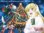  2girls axe christmas christmas_tree collet_brunel copyright_name english genius_sage gift holding holding_gift lloyd_irving logo multiple_boys multiple_girls official_art presea_combatir ribbon santa_costume star tales_of_(series) tales_of_symphonia tree weapon 