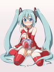  aqua_hair bare_shoulders blue_eyes blush bow bow_panties detached_sleeves gift hatsune_miku holding holding_gift incoming_gift long_hair naitou_kouse necktie no_nose nose_blush panties panties_removed santa_costume simple_background sitting solo striped striped_panties thighhighs twintails underwear very_long_hair vocaloid 