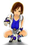  :d belt boots breasts brown_eyes brown_hair crop_top elbow_pads fingerless_gloves full_body gloves hawk_(cwmg) jacket kazama_asuka large_breasts midriff open_fly open_mouth pointing shadow short_hair shorts simple_background smile solo squatting tekken unzipped zipper 