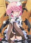  bandages burnt_clothes head_wings koakuma marker_(medium) milkpanda panties pantyshot red_eyes red_hair shoes short_hair single_shoe solo thighhighs torn_clothes torn_legwear touhou traditional_media underwear wince wings 