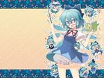  1girl bespectacled bloomers blue_eyes blue_hair bow cirno cuteg fang glasses touhou underwear wallpaper wings 