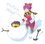  bad_id bad_pixiv_id bow brown_eyes christmas cold gegege_no_kitarou hair_ribbon mittens nekogasuki nekomusume nekomusume_(gegege_no_kitarou_4) pantyhose pink_bow purple_hair ribbon scarf short_hair snow snowman solo 