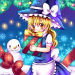  bad_id bad_pixiv_id blonde_hair chocolat_(momoiro_piano) christmas gift hat holding holding_gift kirisame_marisa ribbon smile snowman solo touhou 