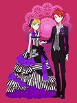  1girl beatrice blonde_hair blue_eyes bouquet boutonniere corsage couple dress flower formal gloves gown hair_flower hair_ornament hetero jewelry kazune_(baumkuchen) necklace red_hair rose sleeveless suit umineko_no_naku_koro_ni ushiromiya_battler 