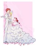  1girl beatrice blonde_hair blush bouquet bridal_veil bride couple dress elbow_gloves flower formal frills gloves gown hetero kazune_(baumkuchen) kiss petals red_hair rose rose_petals sleeveless smile suit too_many too_many_frills umineko_no_naku_koro_ni ushiromiya_battler veil wedding_dress 