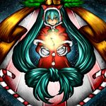  bow bow_by_hair candy candy_cane christmas eighth_note eiji_(eiji) food hair_bow hatsune_miku highres long_hair musical_note santa_costume solo twintails vocaloid 