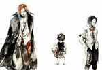  black_hair cape hat kusaco male_focus monkey_d_luffy multiple_boys one_piece portgas_d_ace red_hair shanks traditional_media watercolor_(medium) 