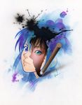  calligraphy_brush copyright_request fudegamijp green_eyes heterochromia ink multicolored_hair paint paintbrush purple_eyes solo 