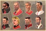  6+boys artist_request bald black_hair blonde_hair brown_hair cigarette everyone facial_hair goatee highres liquidsilk male missing_eye multiple_boys mustache necktie profile stubble team_fortress_2 the_demoman the_engineer the_medic the_pyro the_scout the_sniper the_soldier the_spy 