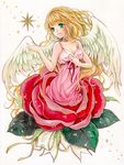  bad_id bad_pixiv_id blonde_hair dress face flower green_eyes marker_(medium) original rose solo star toyoda_izumi traditional_media wings 