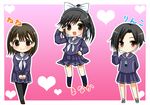  anegasaki_nene asahana_jun black_hair bow brown_hair chibi digital_media_player earphones hair_bow heart kobayakawa_rinko love_plus mole mole_under_eye multiple_girls pantyhose ponytail school_uniform serafuku short_hair takane_manaka 