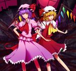  blonde_hair bow cala_(artist) fang flandre_scarlet frills hand_on_hip hat multiple_girls outstretched_arm purple_hair red_eyes remilia_scarlet short_hair siblings sisters skirt touhou transparent wings 