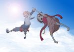 1girl barefoot blush child cloud copyright_request day falling scarf sky ukokkei wrist_grab 