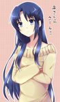  asakura_ryouko blue_eyes blue_hair inui_nagi long_hair smile solo suzumiya_haruhi_no_shoushitsu suzumiya_haruhi_no_yuuutsu sweater translated 