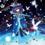  bug butterfly din_(flypaper) flute insect instrument japanese_clothes pink_hair red_eyes saigyouji_yuyuko short_hair solo touhou 