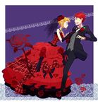  1girl beatrice blonde_hair bouquet corsage couple dress elbow_gloves flower formal gloves gown hetero kazune_(baumkuchen) necktie red_hair rose suit sweatdrop umineko_no_naku_koro_ni ushiromiya_battler veil 