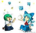  antennae artrica barefoot blue_hair bow bug cape cirno d: english fireflies firefly frozen green_hair hair_bow ice insect lowres multiple_girls o3o o_o open_mouth touhou wings wriggle_nightbug 