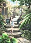  bad_id bad_pixiv_id bare_shoulders black_hair brown_eyes cb dress long_hair looking_back original plant scenery smile solo tree white_dress 