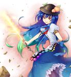  bad_id bad_pixiv_id blue_hair food fruit hat hinanawi_tenshi long_hair mauve peach red_eyes solo sword sword_of_hisou touhou weapon 