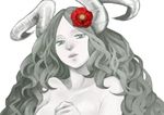  fangs flower freckles grey_eyes grey_hair hair_flower hair_ornament horns long_hair noja nude solo wavy_hair 