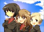  animal_ears black_border black_hair blue_sky blush border breasts brown_hair cloud day fernandia_malvezzi kiko_(strategist) large_breasts long_hair looking_at_viewer luciana_mazzei martina_crespi multiple_girls open_mouth short_hair sky strike_witches upper_body world_witches_series 