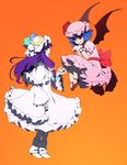  bad_id bad_pixiv_id bat_wings colorized eye_contact floating hat holding_hands lefthand looking_at_another matilda multiple_girls orange_background patchouli_knowledge remilia_scarlet ribbon simple_background touhou wings 