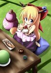  blonde_hair blue_eyes blush cabbage eating food horns ibuki_suika izumi_yuuji_(trace_kouhosei) long_hair quality quality_cabbage ribbon solo touhou very_long_hair 