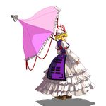  blazblue blonde_hair dress hat niwatori_takeshi parody pixel_art short_hair solo touhou umbrella yakumo_yukari yellow_eyes 