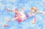  barefoot blue braid brown_hair colored_pencil_(medium) dress falling feet highres madotsuki matatabeat ribbon shoes single_shoe sketch solo spoilers suicide traditional_media yume_nikki 