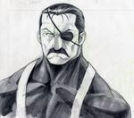  eyepatch facial_hair fullmetal_alchemist gorigo greyscale highres king_bradley male_focus monochrome muscle mustache pride sketch solo spoilers suspenders traditional_media wrath 