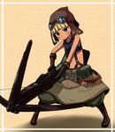  ballista_(sekaiju) belt blonde_hair blue_eyes blush boots bow_(weapon) child crossbow flat_chest gloves goggles goggles_on_head hat huge_weapon navel negija pants parachute_pants pouch sekaiju_no_meikyuu sekaiju_no_meikyuu_3 short_hair solo suspenders weapon 