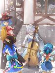  alice_margatroid blue_hair cello cirno cirno-nee food fruit fujiwara_no_mokou hat hinanawi_tenshi instrument kamishirasawa_keine letty_whiterock multiple_girls nagae_iku nyararuto peach purple_hair ribbon touhou town window 