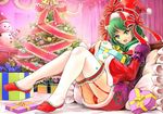  christmas front_ponytail garter_straps green_eyes green_hair hat kagiyama_hina long_hair panties ribbon sai-go santa_costume santa_hat solo thighhighs touhou underwear 