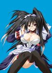  black_hair breasts cleavage glasses large_breasts maid naughty_face red_eyes solo strap thighhighs 