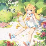  animal animal_on_head bird bird_on_head blonde_hair blue_eyes blush dress flower gloves harp instrument legs long_hair nature on_head original pointy_ears sitting smile solo tiru wings 