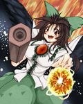  arm_cannon black_hair bow breasts cape energy_ball fireball foreshortening green_bow hair_bow hands long_hair medium_breasts mixed_media nib_pen_(medium) open_mouth red_eyes reiuji_utsuho shigurio smile solo touhou traditional_media weapon wings 