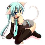  all_fours amakara_surume animal_ears aqua_eyes aqua_hair bad_id bad_pixiv_id bottomless cat_ears cat_tail detached_sleeves hatsune_miku kemonomimi_mode long_hair necktie simple_background smile solo tail thighhighs twintails very_long_hair vocaloid zettai_ryouiki 